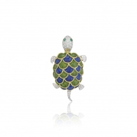 Yellow and White Gold Enamel and Diamond Turtle Brooch